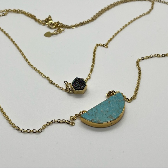 Dainty Delicate Double Strand ￼Turquoise and Drusy Stone Gold Tone BOHO Necklace - Picture 3 of 6